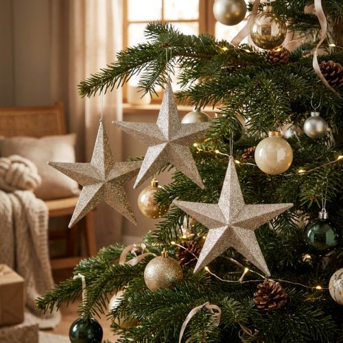 Étoiles en Glitter à Suspendre Champagne Ø21 cm - Lot de 3 | Floristik24.fr