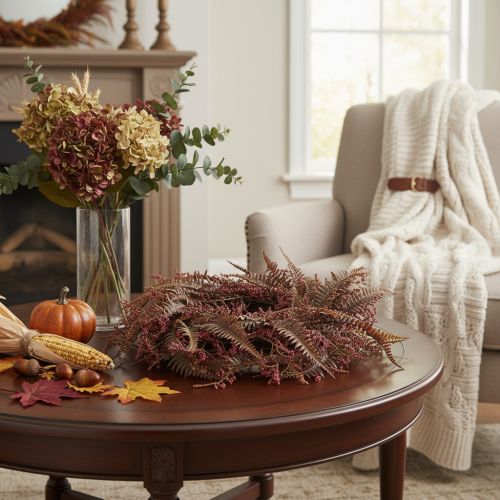 Article Couronne artificielle avec fougères, décoration d'automne, 35 cm, bordeaux, marron et vert, intérieur