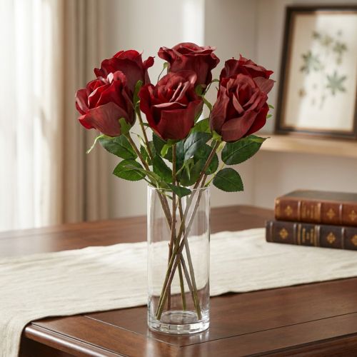 Article Sachet de 6 roses en velours artificielles rouges Ø8cm H45cm