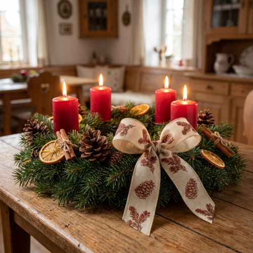 Ruban décoratif crème et brun avec motifs de pommes de pin 25 mm x 18 m | Floristik24.fr