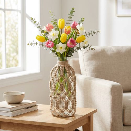 Vase en verre avec filet macramé en jute naturel 10,5 cm x 26 cm | Floristik24.fr