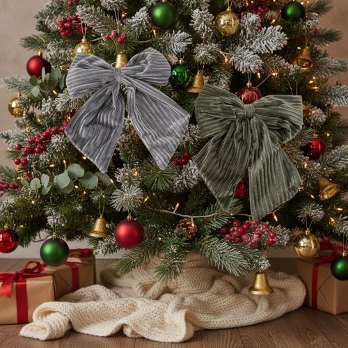 Article Lot de 2 nœuds décoratifs en velours côtelé gris et vert olive avec suspension 24 cm