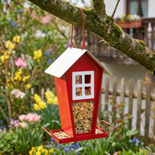 Maison à oiseaux suspendue rouge et blanche en métal H21cm | Floristik24.fr