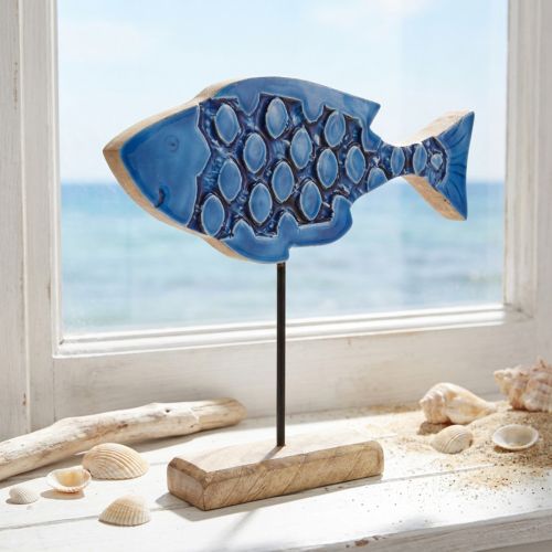 Poisson décoratif bleu en bois sur support, 25 cm × 24,5 cm | Floristik24.fr