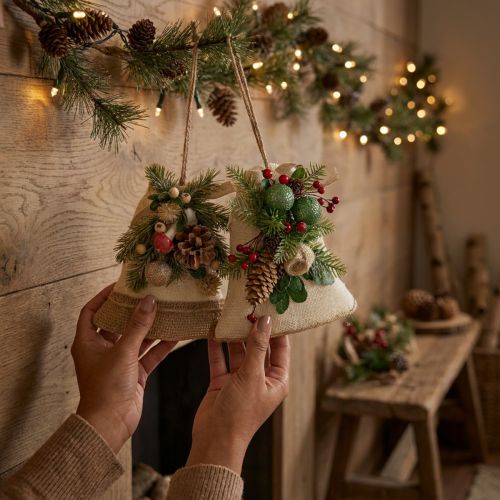 Cloche de Noël Murale en Jute avec Branches et Pommes de Pin | Floristik24.fr