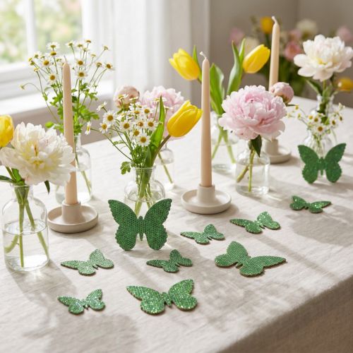 Décoration à éparpiller papillons en bois, vert pailleté, 24 pièces | Floristik24.fr