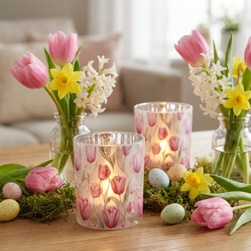 Article Lumignons en verre avec motif tulipes – Set de 2, 12,5 cm