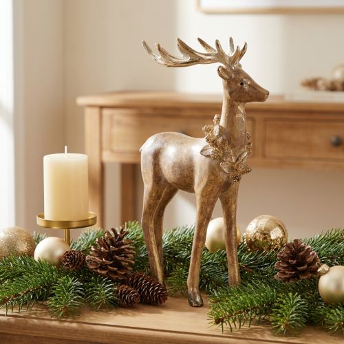 Article Figurine décorative cerf en résine, 28 cm, marron avec accents dorés et argentés, décoration intérieure de Noël