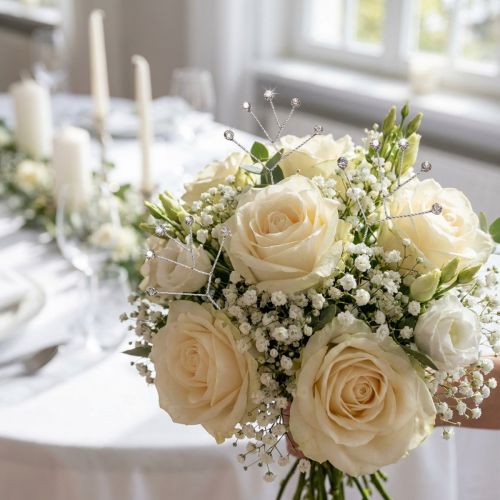 Brins décoratifs argentés avec strass transparents 10 cm - Lot de 12 | Floristik24.fr