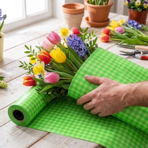Article Manschettenpapier vert clair à carreaux pour décoration et fleurs, 37,5 cm x 100 m