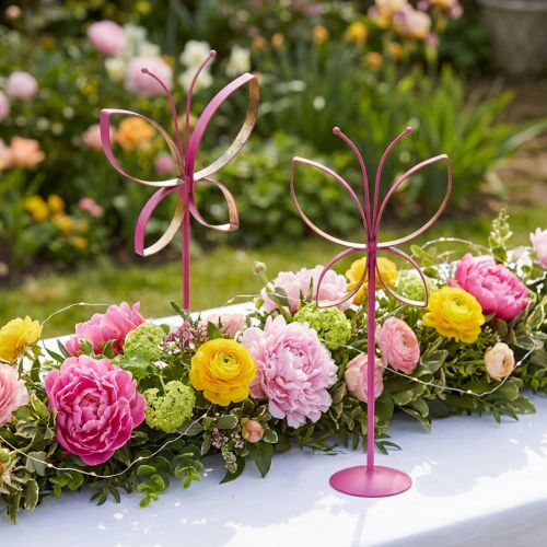 Article Décoration Papillon en Métal Fuchsia et Or H29 cm - Lot de 2