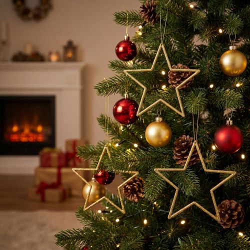 Lot de 12 étoiles décoratives en or pailleté à suspendre, 12 cm | Floristik24.fr