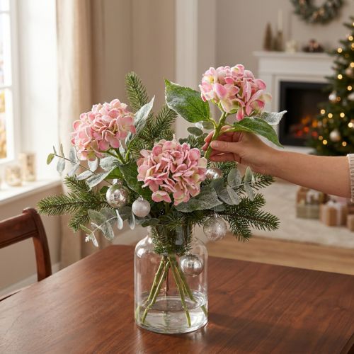 Hortensia artificielle rose enneigée 33 cm - Lot de 4 | Floristik24.fr
