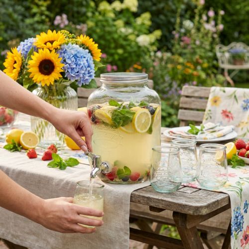 Article Distributeur de boisson en verre avec robinet et 4 verres recyclés H25,5cm