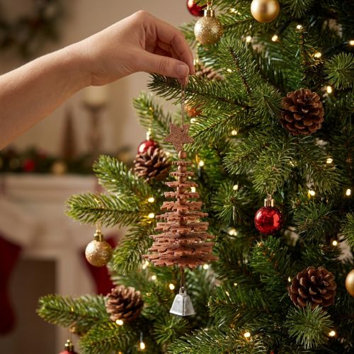 Tannenbaum à suspendre en bois avec clochette, 12 cm, cuivre | Floristik24.fr