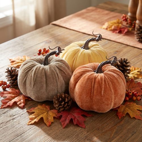 Article Citrouilles décoratives en velours – Jaune, brun et orange – Lot de 3 – Ø13 cm x H11,5 cm
