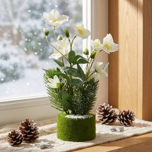 Rose de Noël artificielle blanche avec sapin et boule en mousse 33 cm | Floristik24.fr