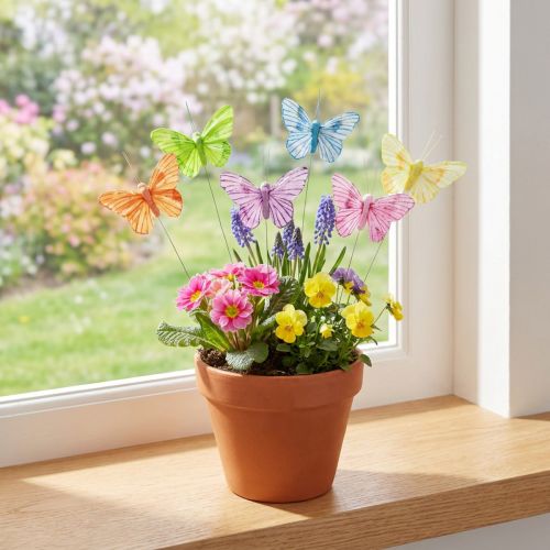 Lot de 12 papillons décoratifs en plumes sur fil métal, couleurs variées, 5,5 × 8 cm | Floristik24.fr
