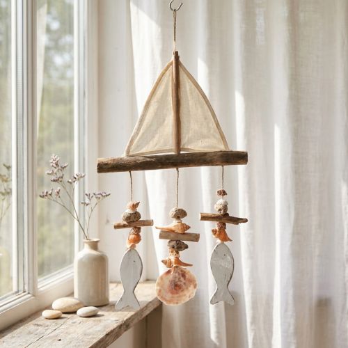 Article Mobile décoratif marin en bois avec voilier et poissons, H56 cm