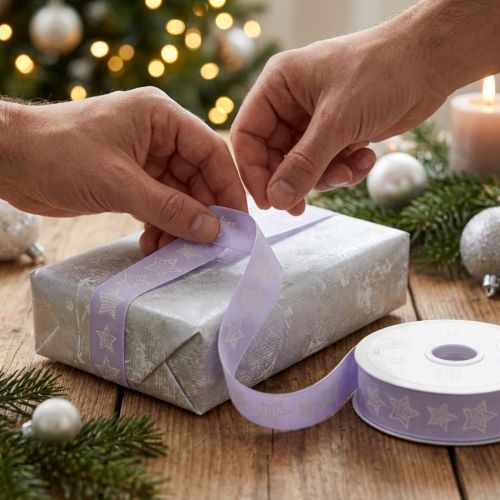 Ruban décoratif avec étoiles Ruban de Noël lilas 25 mm 18 m | Floristik24.fr
