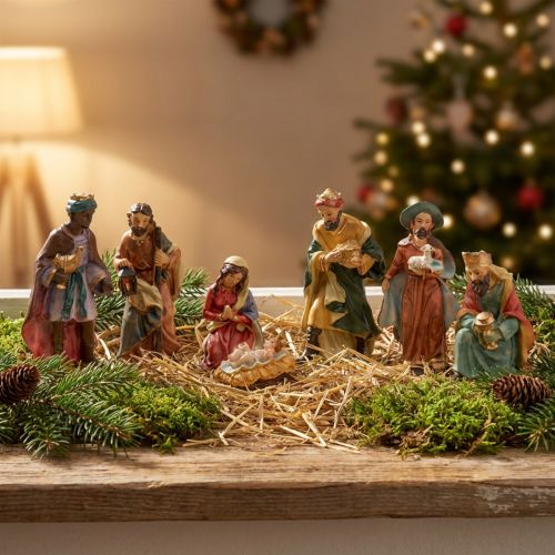 Figurines de crèche de Noël en résine peintes à la main - Lot de 7, 2 à 9 cm | Floristik24.fr