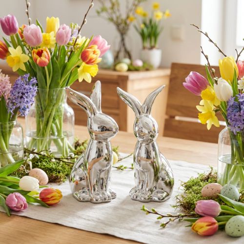 Lot de 2 figurines lapins en céramique argentée 18 cm | Floristik24.fr