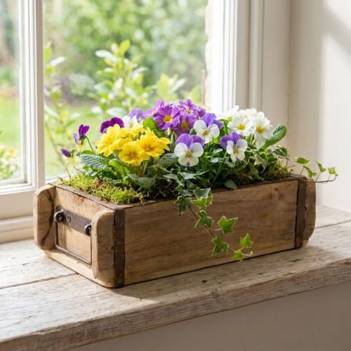 Petit bac en bois recyclé avec poignée en métal, 32 × 15 × 10 cm | Floristik24.fr