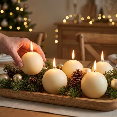 Bougies sphériques crème 60 mm, lot de 16, ambiance festive pour Noël | Floristik24.fr