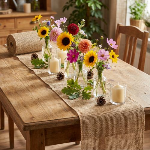 Article Chemin de table en jute, ruban de jute, bois naturel, 15 cm de large, 10 m de long