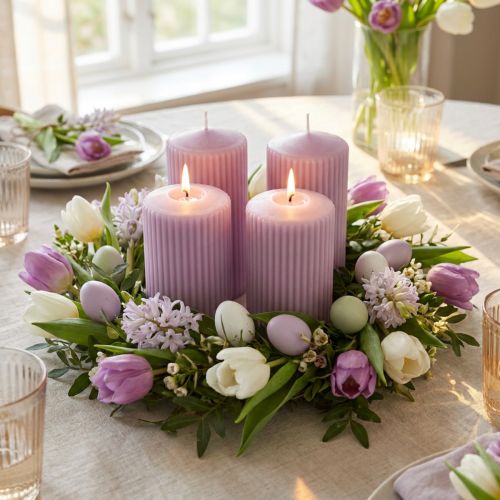 Bougies cylindriques nervurées lilas x4 – D70 x H130 mm | Floristik24.fr