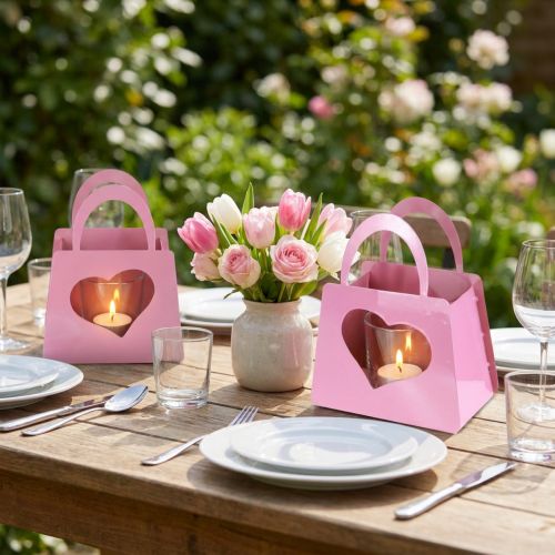 Article Photophore en métal rose avec insert en verre, forme pochette, H18cm, lot de 2
