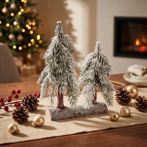 Décoration de Sapins Enneigés sur Socle en Bois, H28 cm | Floristik24.fr