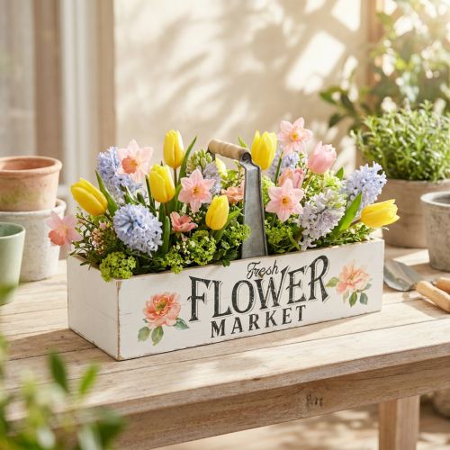 Article Caisse en bois vintage blanche avec motif floral et anse en métal – 41,5 × 16 cm
