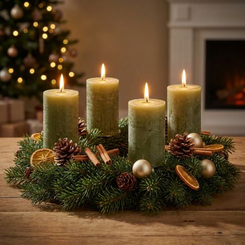 Bougies cylindriques vert olive en cire teintée 60×80 mm - Lot de 4 | Floristik24.fr