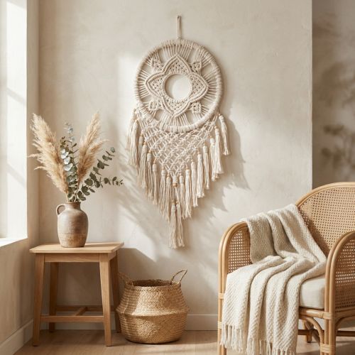 Attrape-rêves en macramé crème avec perles en bois – 29 × 72 cm | Floristik24.fr