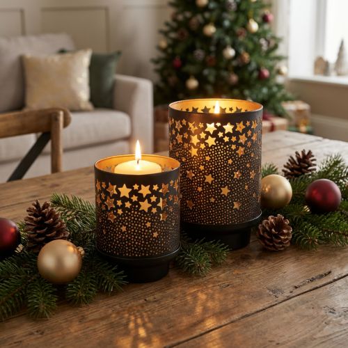 Bougeoirs en Métal Noir et Doré avec Motifs Étoilés - Lot de 2 | Floristik24.fr