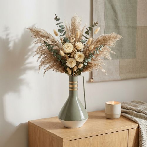 Vase déco en métal gris et doré avec anse vintage, Ø18 cm, H33 cm, idéal pour fleurs séchées | Floristik24.fr