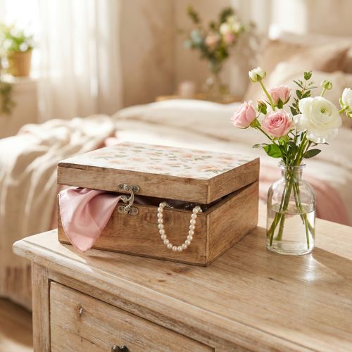 Article Boîte en bois avec couvercle motif floral 20×20×9,5 cm