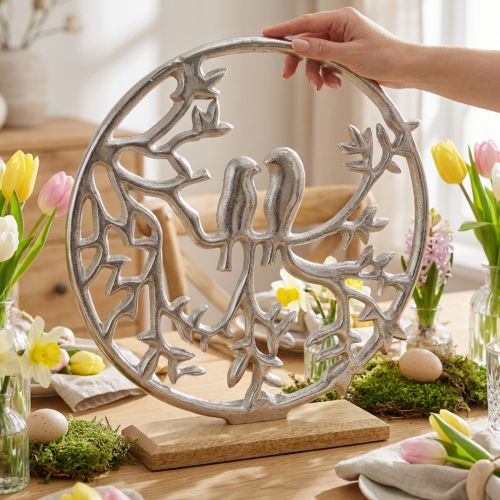 Décoration en métal argenté avec oiseaux sur base en bois, H 37,5 cm | Floristik24.fr