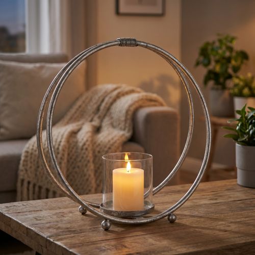 Photophore en métal argenté avec verre cylindrique Ø33 cm | Floristik24.fr