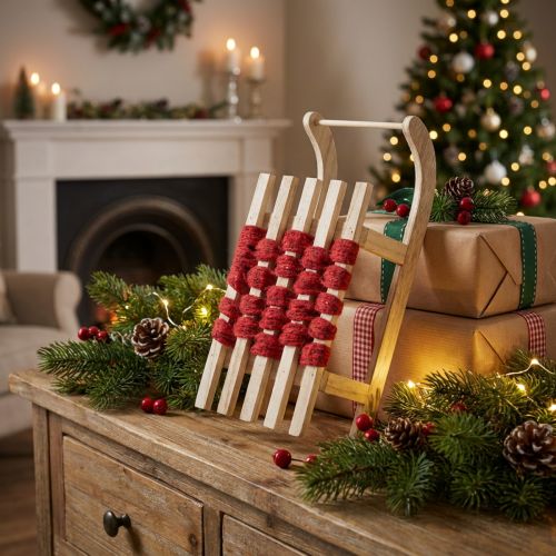 Traîneau décoratif en bois 42×17×12 cm avec bande rouge | Floristik24.fr