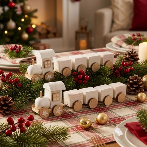 Train de Noël en Bois Blanc Décoratif 20 cm x 6 cm - Lot de 2 | Floristik24.fr