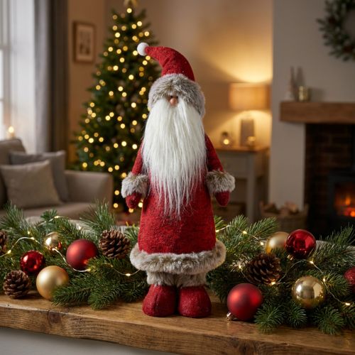 Père Noël décoratif debout en feutrine rouge avec fourrure 41 cm | Floristik24.fr