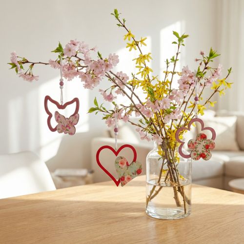 Suspensions décoratives en bois, motif papillon, cœur et fleur, set de 6 | Floristik24.fr
