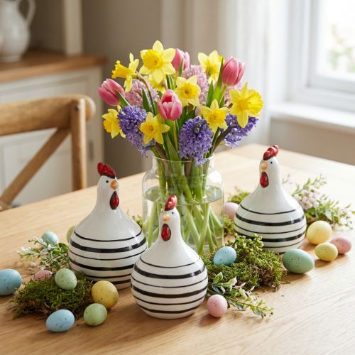 Décoration poule en céramique blanche à rayures noires, lot de 3, H11 cm, Ø7 cm | Floristik24.fr