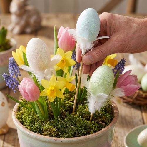 Œufs décoratifs pastel sur tige avec plumes – Lot de 6 | Floristik24.fr