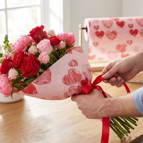 Papier d'emballage rose à motifs cœurs rouges 25 cm x 100 m | Floristik24.fr