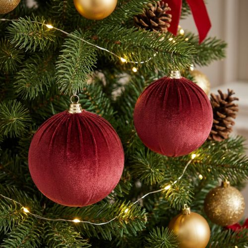 Article Boule de Noël en velours bordeaux Ø20cm x3