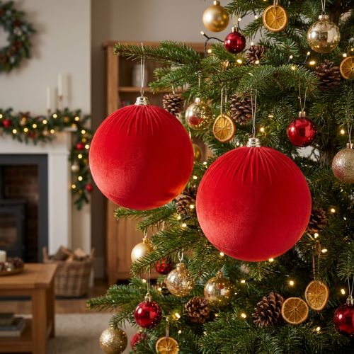 Article Boule de Noël en velours rouge à suspendre, Ø 25 cm, lot de 2