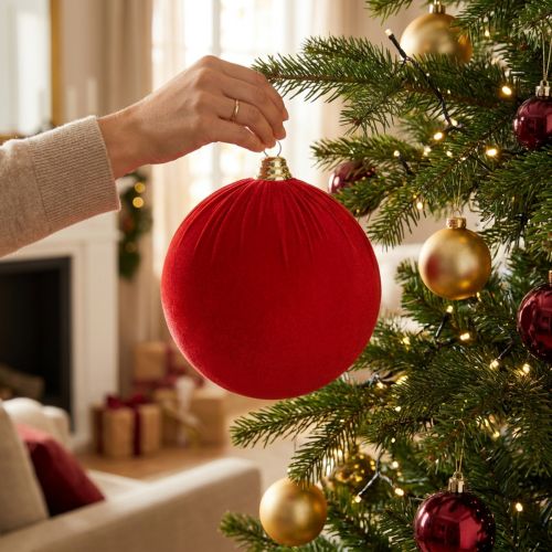 Article Boule de Noël Velours Rouge Ø20cm Lot de 3